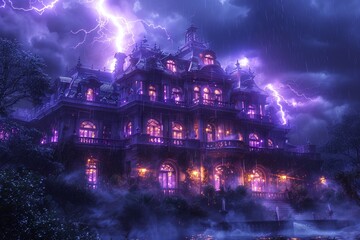 Dark storm engulfs a haunted mansion illuminated by lightning in a moody, atmospheric setting