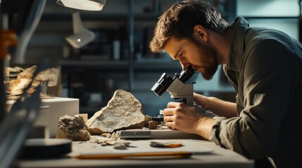 Geologist in a laboratory setting, using a petrographic microscope to study rock thin sections. [Geologist using petrographic microscope in the lab