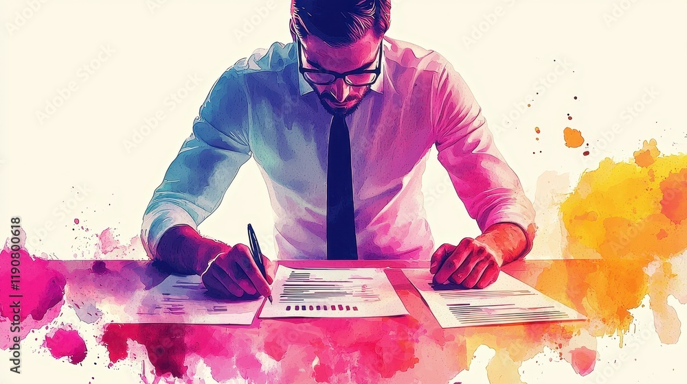 Poster business professional analyzing data with colorful abstract background in modern office setting