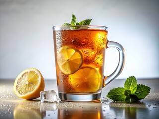 Fototapeta premium Iced Tea in Glass Cup, Refreshing Summer Beverage, White Background Stock Photo
