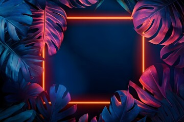Real neon tropical leave background frame dark, Generative Ai