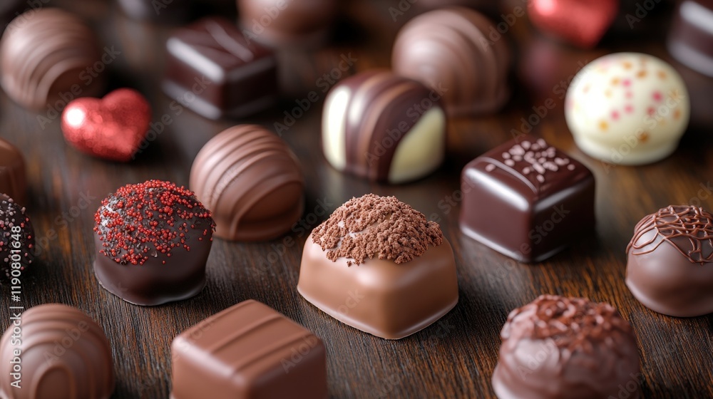 Aufkleber table displaying an assortment of chocolates in various shapes and colors valentine day