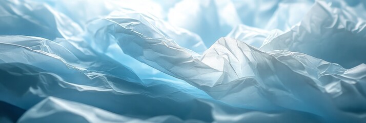 Obraz premium Textured layers of crumpled plastic resembling waves in soft blue hues captured in a serene atmosphere