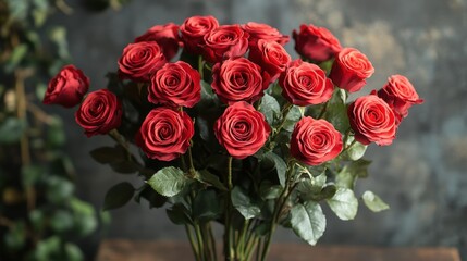 Obraz premium A vase filled with vibrant red roses placed on a wooden table in a well-lit indoor setting valentine day
