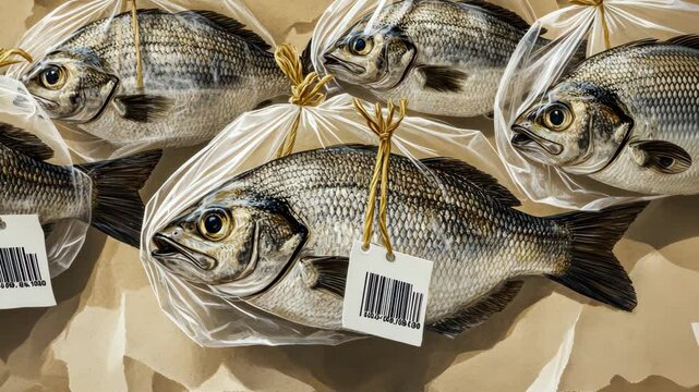 Fresh fish packaged for sale in a market setting showcasing quality marine life