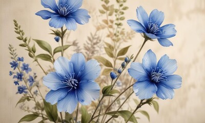 Obraz premium Close-up view of watercolor blue blooms on a beige canvas, organic patterns, natural aesthetic, creative expression, relaxing