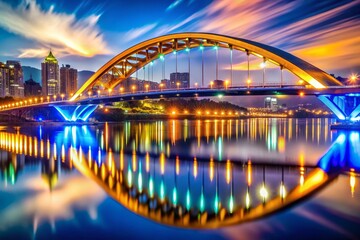Obraz premium Illuminated Crescent Bridge, New Taipei City, Taiwan - Night Photography with Bokeh