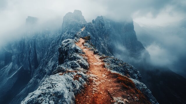 narrow mountain path winding through jagged cliffs to a majestic summit shrouded in mist, adventure and exploration concept