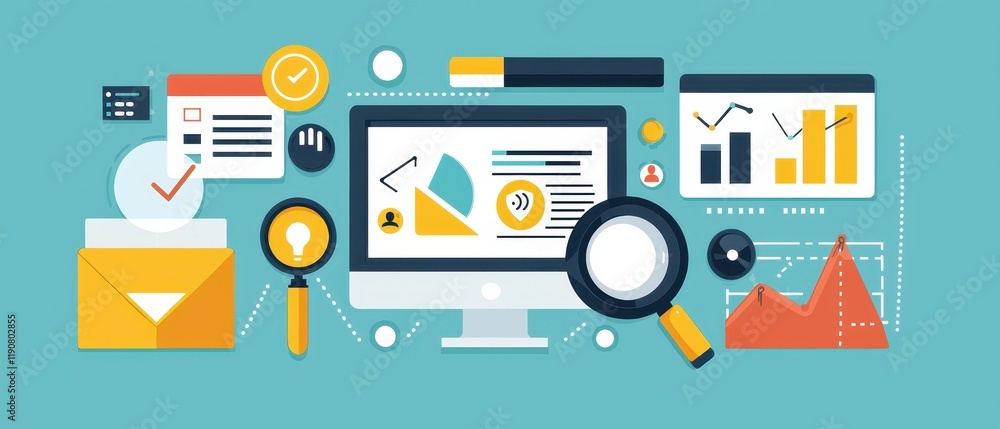 Poster modern workspace illustration with computer and data analysis tools on light blue background