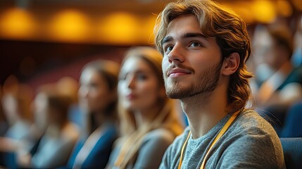 People at a conference attentively listen to a speaker's lecture, engaging in a business and entrepreneurship setting