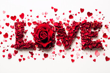 A stunning Valentine’s Day postcard featuring the word "Love" in bold, elegant text at the center, surrounded by vibrant roses, glowing lights, and sparkling accents. Perfect for celebrating romance