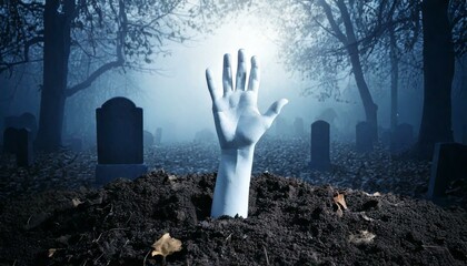 Generated image Buried human hand rising out of ground in misty graveyard cemetery