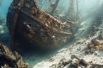 Photorealistic image of sunken pirate galleon with treasure