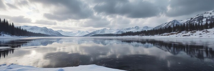 Fototapeta premium Cloudy winter sky over frozen lake and snow-covered hills, overcast horizon, winter breeze, tranquil setting, white landscape, scenic serenity