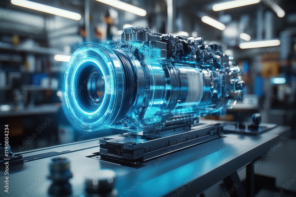 Poster intricate cross-section of a high-tech electric motor in modern laboratory setting