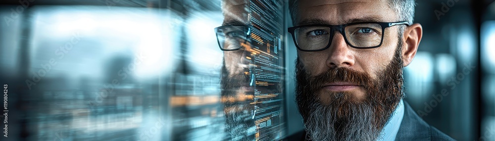 Poster professional man with beard and glasses standing in modern office looking at digital screens with da