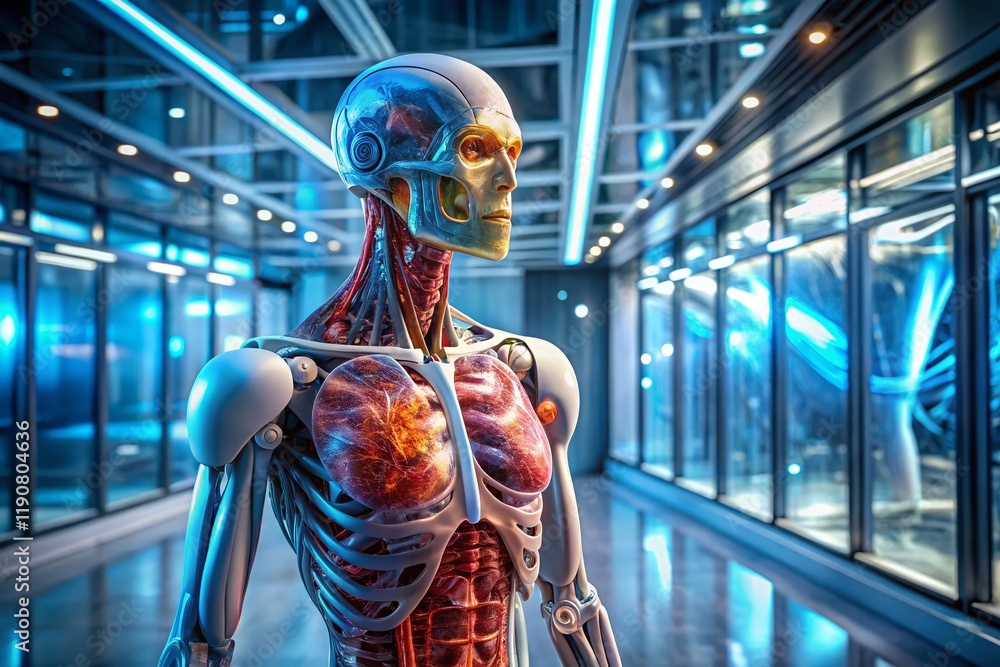 Poster innovative ai robot with transparent head showing internal anatomy in a modern lab - stock photo