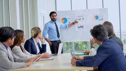 Young indian business manager standing and presenting to multiracial group of diversity colleagues in front of white board in meeting at boardroom in office . leader