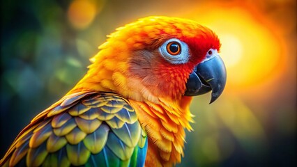 Fototapeta premium Sun Conure Closeup, Low Light, French Setting - Vibrant Bird Portrait