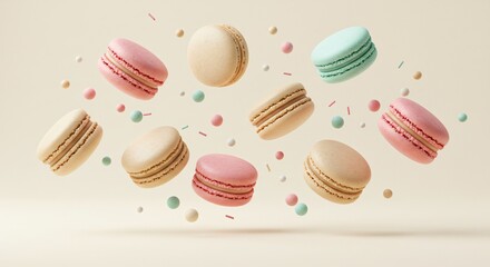 Obraz premium Flying Macarons with Pastel Colors on Beige Background - Creative Food Photography