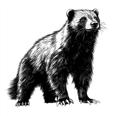 Fototapeta premium Wolverines, standing, wildlife, monochrome, sketch, nature, illustration, animal, white background, tattoo design