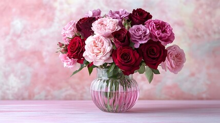 Obraz premium Elegant Bouquet of Pink and Red Roses in a Glass Vase on Pink Wooden Table, Romantic Floral Arrangement, Beautiful Flowers, Soft Pastel Colors, 