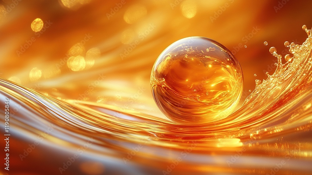 Poster golden orb floats on liquid with bokeh background, for abstract design