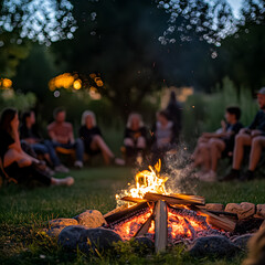 Friends gathered around a crackling campfire under the night sky, enjoying a relaxing evening outdoors.
