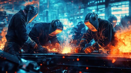 Welders working intensely on metal construction in a factory.