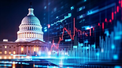 financial data, government building. A vibrant image of the U.S. Capitol building juxtaposed with financial market charts, symbolizing the connection between politics and economics.