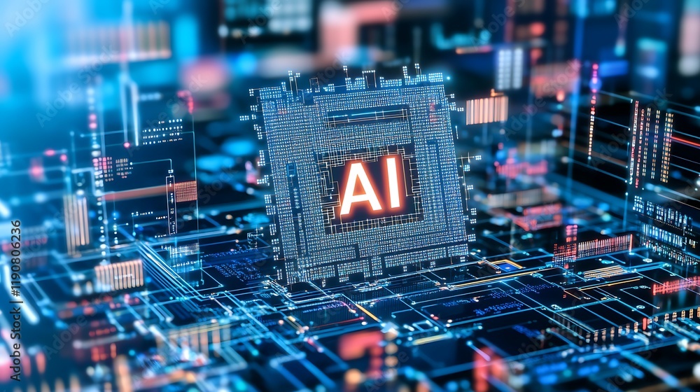 Poster the future of technology with ai chip on circuit board