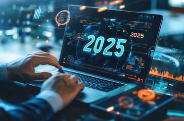 Futuristic digital concept with businessman analyzing technology trends for the year 2025