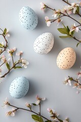 Fototapeta premium Minimalist Arrangement of Pastel Colored Eggs Surrounded by Blossoming Branches for Celebrating Easter and the Chinese New Year in a Fresh and Elegant Style