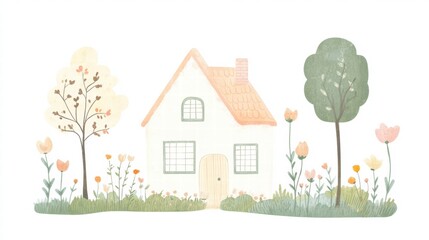 Cozy silhouette of a house surrounded by a garden, evoking warmth and tranquility in a serene setting. Generative AI