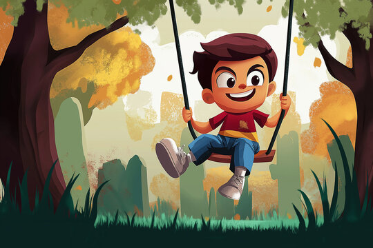 A teenage boy with brown hair is swinging alone in a yard, smiling joyfully. An evil-looking kid playing on the swing, smirking and plotting something. AI-generated illustration