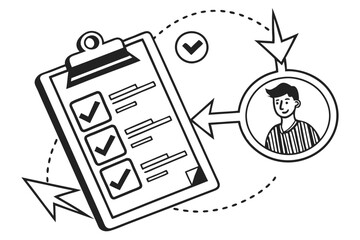 Black and white icon, minimalist design, checklist clipboard, human silhouette, directional arrows, task management concept, productivity symbol, user interface element, simplified graphic, organizati