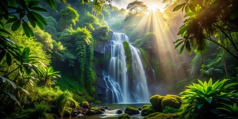Sunlit Waterfall Silhouette in Lush Jungle - Dramatic Nature Photography