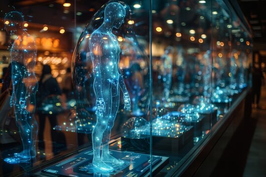 Futuristic display of holographic human figures in a modern exhibition space at night