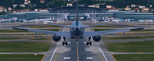 Airplane Landing on a Busy Airport Runway with Terminal in Background