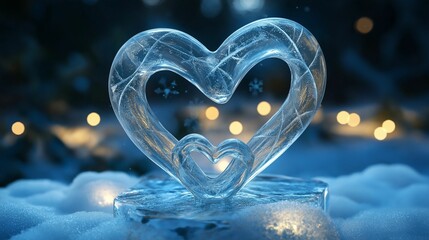 Fototapeta premium A 3D sculpture of two intertwined hearts, encased in an ice block with 2D swirling snowflakes and soft glowing lights, creating a romantic winter feel