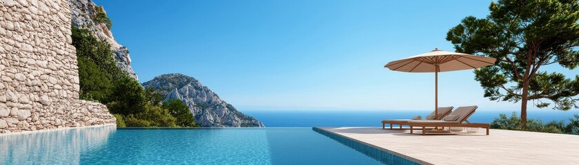 Fototapeta premium A serene infinity pool overlooks a stunning sea view, framed by mountains and lush greenery under a clear blue sky.