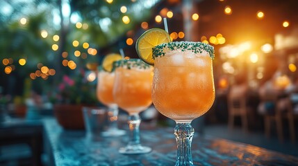 People raise their glasses in a toast with margaritas at an upscale Mexican restaurant, celebrating a special occasion in a vibrant atmosphere