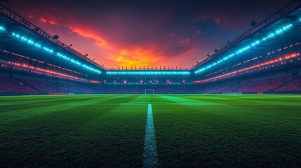 Illuminated Football Stadium at Twilight. Generative AI