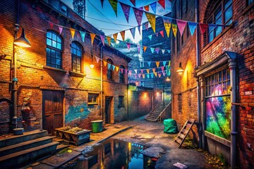 Naklejka premium Isometric Flags: Urban Exploration Photography - Grungy Cityscape with Hanging Banners