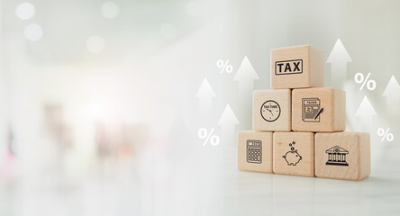 Wooden block with black tax icon. Calculation tax return, vat, personal income tax, tax payment....