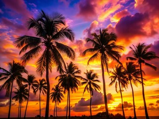 Sunset Silhouette Palm Trees - Tropical Beach Landscape Photography