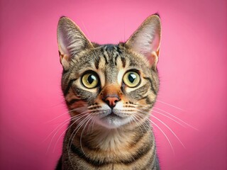 Obraz premium Surprised Cat with Wide Eyes, Pink Background Panorama Banner - Stock Photo