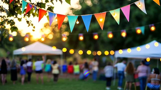 Outdoor Celebration with Colorful Bunting at Sunset