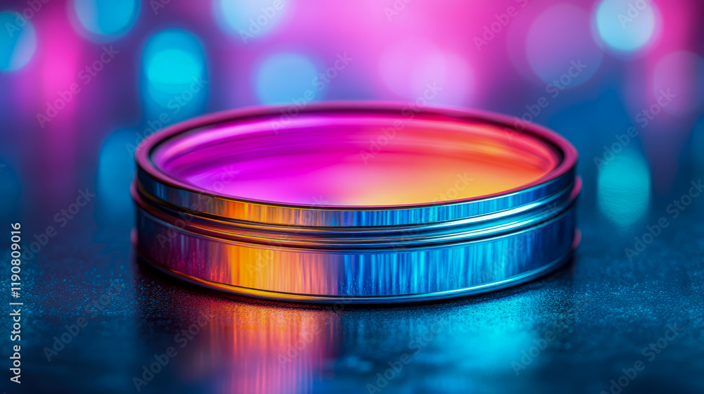 Poster chromatic lens element in neon light setting: close-up product shot