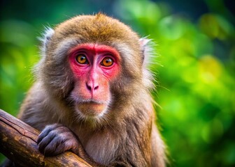 Fototapeta premium Japanese Macaque Monkey Sitting on Tree Branch, Close-up Macro Photography